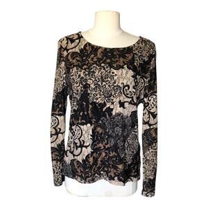 Classique Entier Black Beige Baroque Floral Lace Long Sleeve Top Women's Size XL